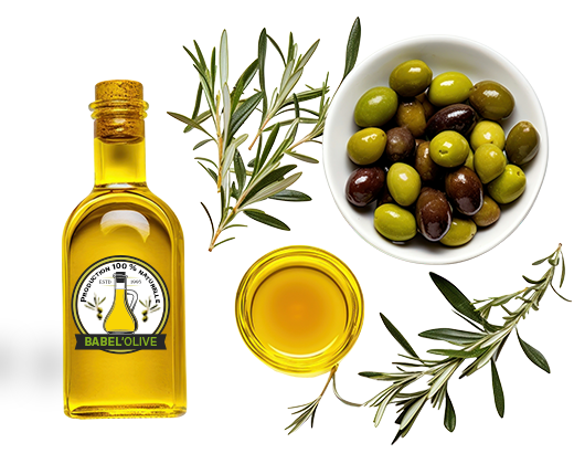 Bouteille d'huile d'olive versée dans une coupelle, entourée d'un rameau d'olivier